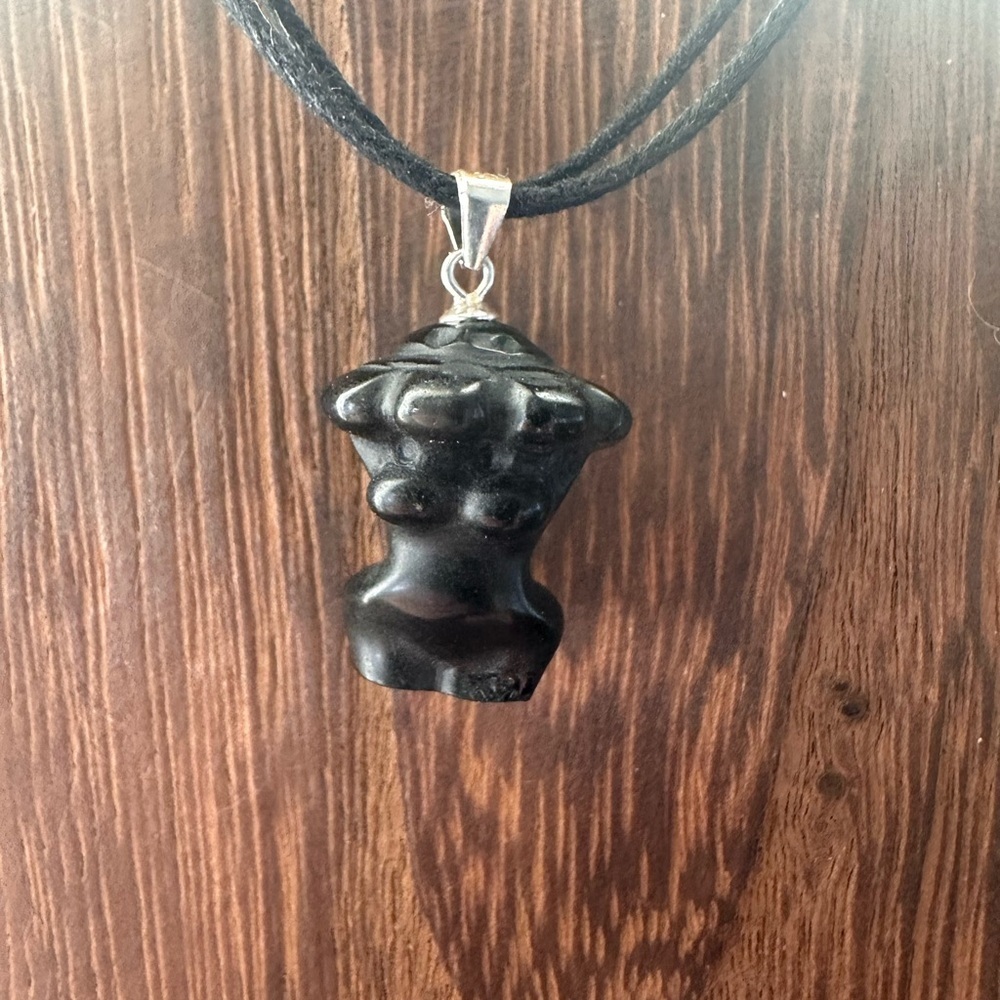 Black Obsidian Mushroom Body Carving Pendant Necklace on Rope